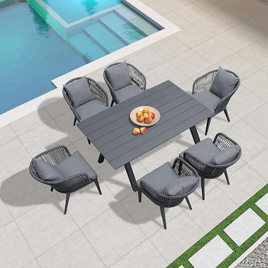 PURPLE LEAF 7 Pieces Patio Dining Table Set Wicker Outdoor Furniture Rectangular Table and Chairs Set for Garden Deck Aluminum Frame Backyard Kitchen Set, Cushions and Pillows Included Grey