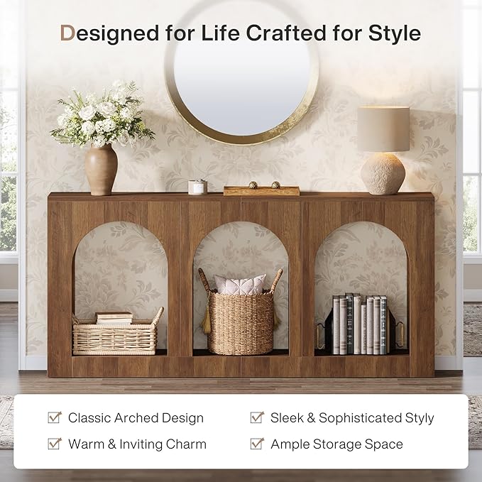 Tribesigns 70.9" Console Table with Storage, Wood Entryway Entry Table with 3 Arched Shelves for Foyer, Hallway, Living Room, Behind Couch Sofa, Narrow Long