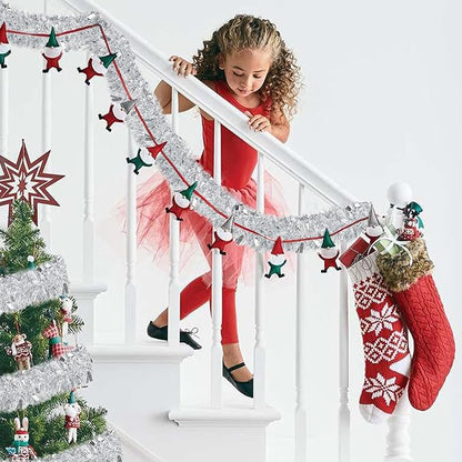 50Ft Christmas Tinsel Garland - Silver Shiny Metallic Twist Decor for Christmas Tree Home Stairs Railing Front Door Mantle Fireplace Indoor Outdoor Holiday Party
