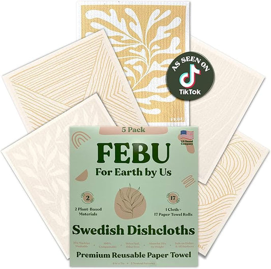 FEBU Swedish Dishcloths 5 Pack Neutral Washable Kitchen Dish Towels