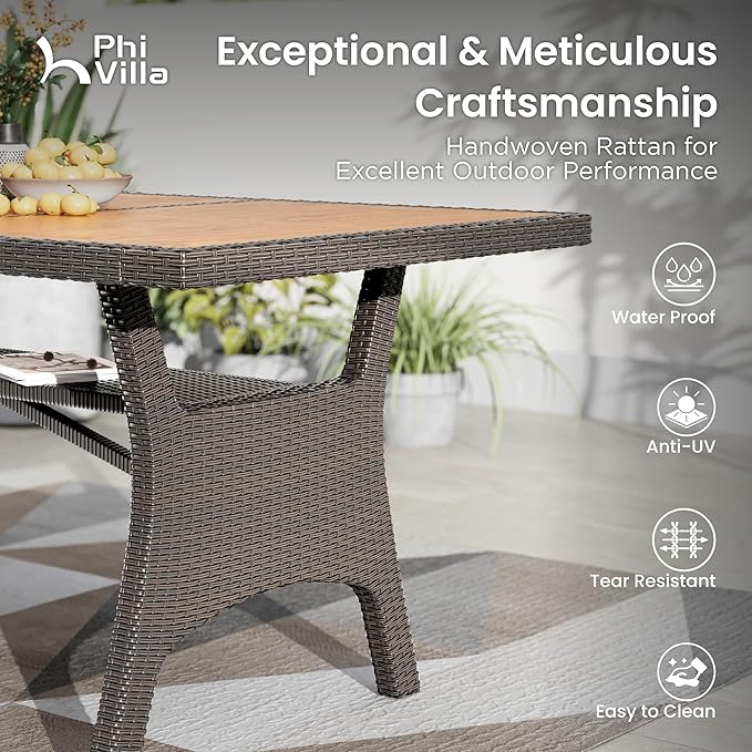 PHI VILLA Outdoor Dining Set for 8, Rectangular Rattan Table with Acacia Wood Top & Wicker Chairs with Cushions, 74” Large Modern Furniture Set for Patio, Deck, Backyard, Porch