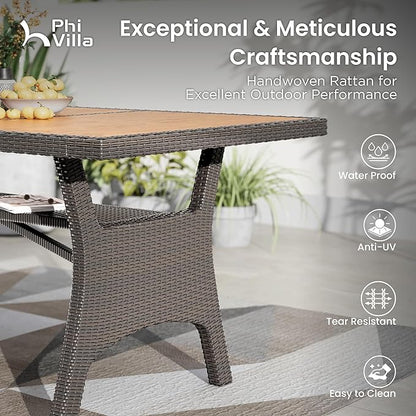 PHI VILLA Outdoor Dining Set for 8, Rectangular Rattan Table with Acacia Wood Top & Wicker Chairs with Cushions, 74” Large Modern Furniture Set for Patio, Deck, Backyard, Porch