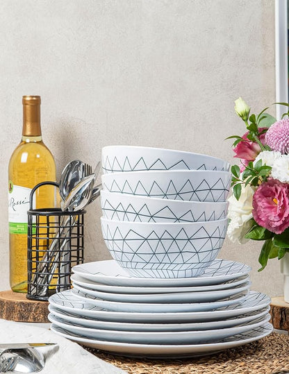 BZYOO 12 Piece Ceramic Dinnerware Set Modern Contemporary Design Plates and Bowls for Dining Glossy White Stoneware Dishes Set Microwave And Dishwasher Safe (Spidy Collection)