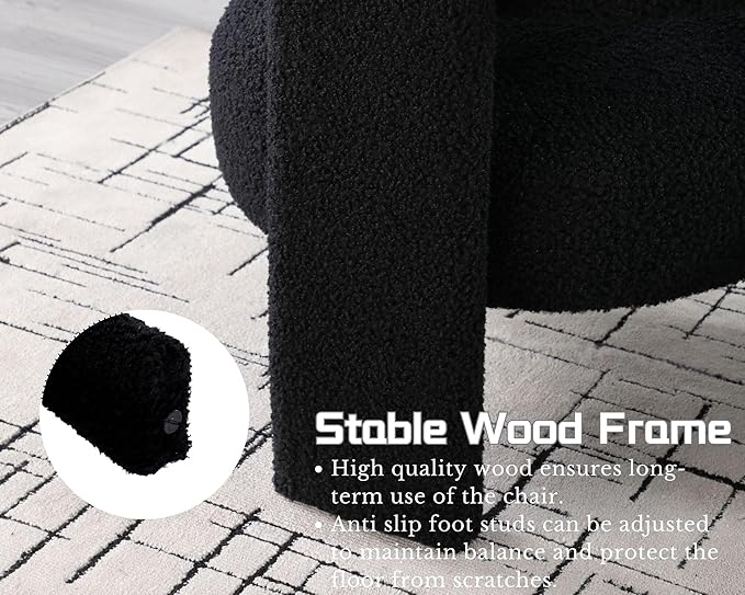 Black Boucle Barrel Accent Chair, Comfy Upholstered Living Room Chair Mid-Century Modern Reading Chair with Open Back Round Corner Side Sitting Lounge Armchair for Bedroom/Office