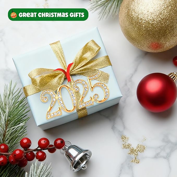 FLYAB 2025 Christmas Ornaments Metal Dated Hanging Ornament for Christmas Tree Decorations 2025 Gold Keepsake Gifts for Women Friend Girl Teens Coworkers Xmas Stocking Stuffers Holiday Party Supplies