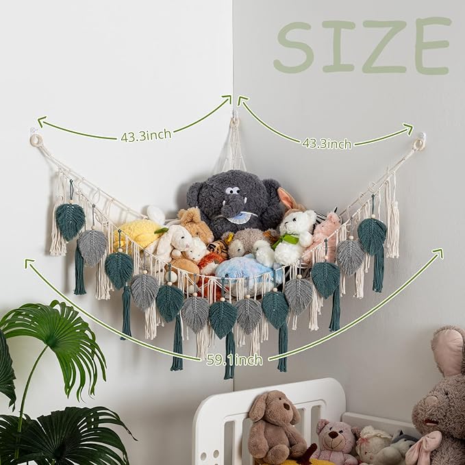 Pretty Jolly Stuffed Animal Storage with Hand Woven Leaf Tassels Hammock Corner Hanging Net Boho Macrame Plush Storage for Kid Room Nursery Decor Wall Display for Girls Gift(Gray&Blue)