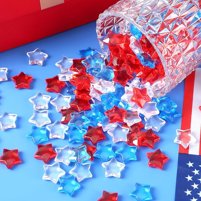 120 Pcs Patriotic Acrylic Star Translucent Crystals Gems Independence Day Memorial Day Veterans Day Remembrance Day 3D Star Shaped Gems for Vase Filler Ice Rocks,Table Scatter, Party Wedding