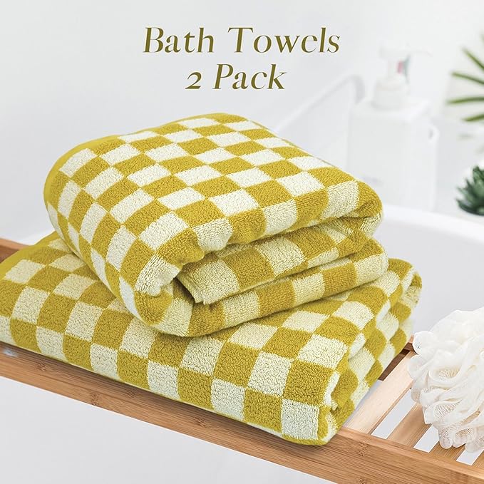 Luxury Bath Towels  Pack of 2 Cotton Fall Bathroom Towels Sets for Body Drying 55x27.5 Inches Mustard Yellow Checkered