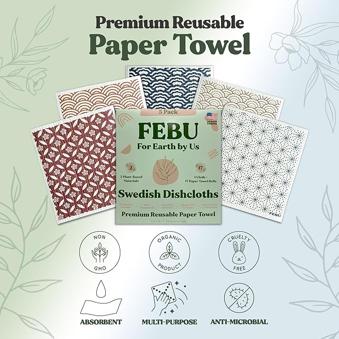 FEBU Swedish Dish Cloths 5 Pack Reusable Washable Kitchen Dish Towels, Eastern Pattern