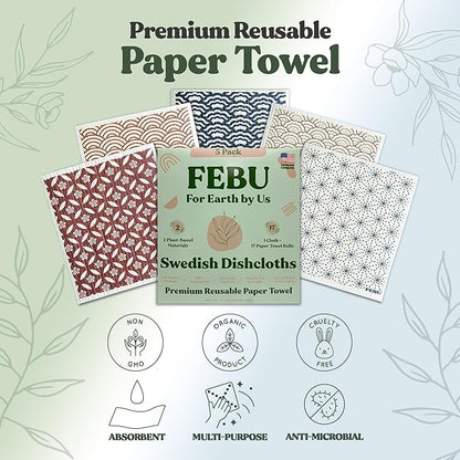 FEBU Swedish Dish Cloths 5 Pack Reusable Washable Kitchen Dish Towels, Eastern Pattern