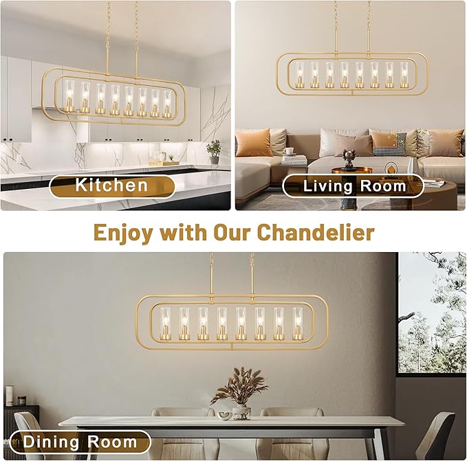 Gold Linear Dining Room Light Fixture, 8 Lights Modern Kitchen Isalnd Light, 45" Long Chandelier Farmhouse Chandeliers for Dining Room Industrial Pendant Lights with Clear Glass