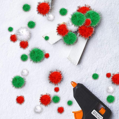Greentime Christmas Pom Pom 1140 Pcs Glitter Fluffy Balls Pompoms Red Green White for DIY Crafts Home Party Xmas Decorations Supplies (4 Sizes)