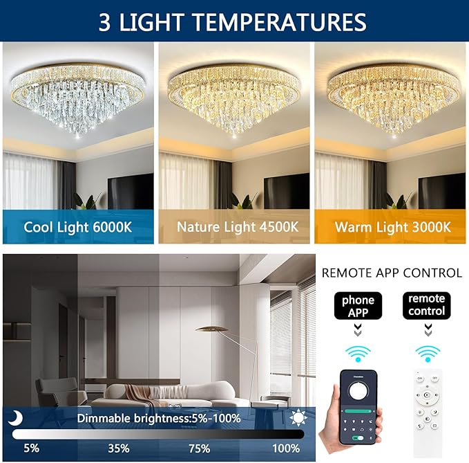 Modern Crystal Large Chandeliers LED Dimmable Flush Mount Ceiling Chandeliers for Living Room High Ceiling Entrance Foyer Bedroom