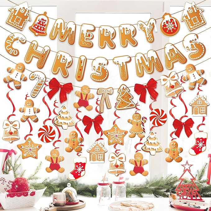 Merry Christmas Banners, Gingerbread Theme, Pre-Strung Holiday Party Décor with 20 Hanging Swirls for Home, Office, and School Celebrations