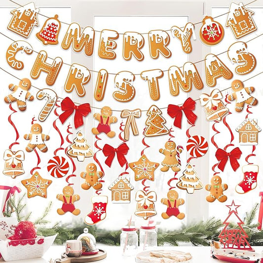 Merry Christmas Banners, Gingerbread Theme, Pre-Strung Holiday Party Décor with 20 Hanging Swirls for Home, Office, and School Celebrations
