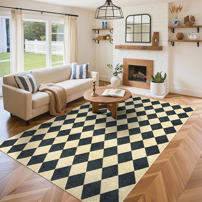 LIVEBOX 5x7 Checkered Rugs for Living Room, Washable Diamond Rug Non-Slip Modern Neutral Geometric Plaid Area Rugs for Bedroom, Low Pile Farmhouse Carpet for Office Kids Room Classroom Dorm, Black