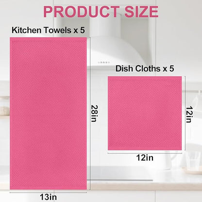 Homaxy 100% Cotton Kitchen Towels and Dishcloths Set, 12 x 12 Inches and 13 x 28 Inches, Set of 10 Bulk Kitchen Towels Set, Ultra Soft Absorbent Dish Cloths for Washing Dishes, Hot Pink