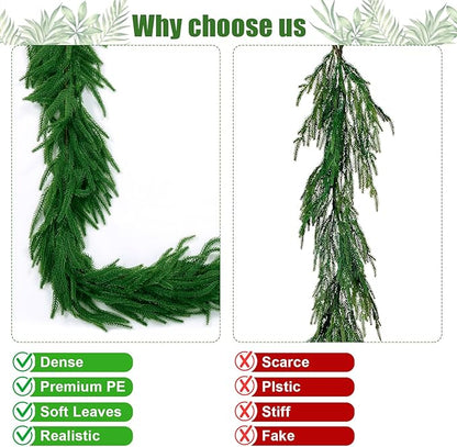 2Pcs 9 FT Artificial Norfolk Pine Garlands, Realistic Christmas Garland Thickness Real Touch Winter Greenery Garland for Table Mantle Wall Indoor Outdoor Christmas Decor