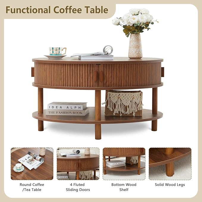 31.5” Round Coffee Table with Storage, Mid Century Modern 2 Tier Coffee Table with Tambour Sliding Door, Solid Wood Legs Fluted Center Table for Living Room Home Office Small Space, Walnut