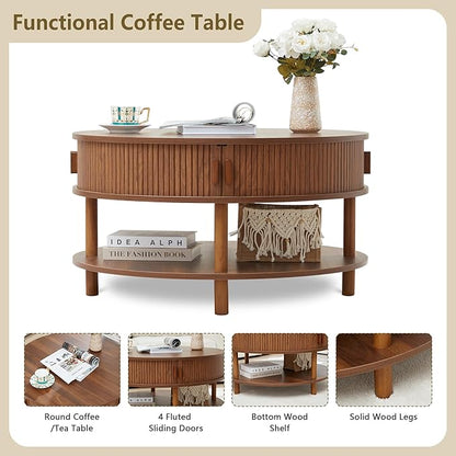 31.5” Round Coffee Table with Storage, Mid Century Modern 2 Tier Coffee Table with Tambour Sliding Door, Solid Wood Legs Fluted Center Table for Living Room Home Office Small Space, Walnut