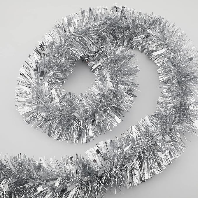 25 ft Long Roll Silver Tinsel Twist Garland, Shiny Metallic Foil Decorations for Parade Floats, Halloween, Christmas Eve, New Year Parties (4" x 25' roll, Silver)