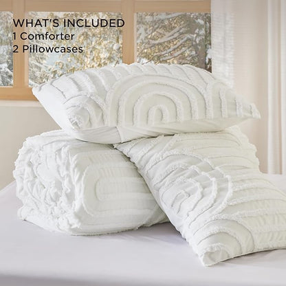 Bedsure Boho Tufted Full Comforter Set - White Boho Bedding Comforter Sets, 3 Pieces Farmhouse Shabby Chic Embroidery Bed Set, Soft Fluffy Cozy Arch Pattern Comforter for All Seasons