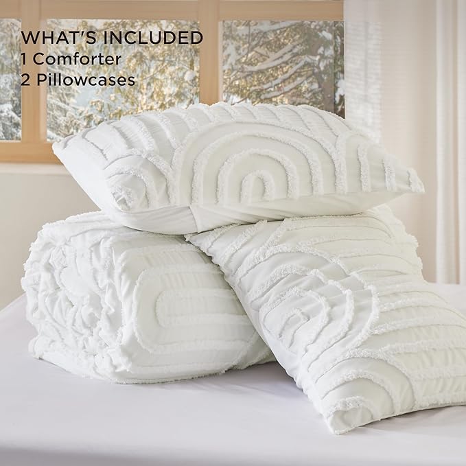 Bedsure Boho Tufted King Comforter Set - White Boho Bedding Comforter Sets, 3 Pieces Farmhouse Shabby Chic Embroidery Bed Set, Soft Fluffy Cozy Arch Pattern Comforter for All Seasons