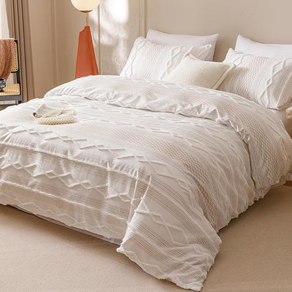 CLOTHKNOW Ivory Boho Full Size Comforter Sets 3Pcs Farmhouse Bedding Comforter Sets Clipped Jacquard Stripes Comforter White Khaki Comforter Soft Bohemian