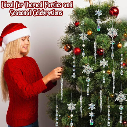 Christmas Tree Decorations Crystal Ornaments - 18pcs Iridescent Christmas Ornaments Acrylic Snowflakes Icicle Drop Crystal Hanging Ornaments for Xmas Tree Winter Holiday Frozen Party Decorations