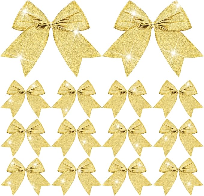 Cindeer 24 Pcs Gold Christmas Bow Decorations 6 x 6 Inches, Glitter Holiday Ornaments Sequin Ties Bows for Xmas Tree, Wreath, DIY Crafts, Gift Wrapping, Party Decor