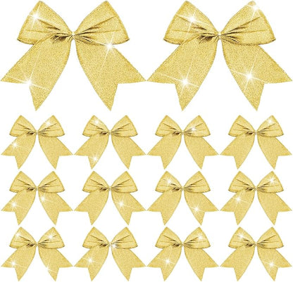 Cindeer 24 Pcs Gold Christmas Bow Decorations 6 x 6 Inches, Glitter Holiday Ornaments Sequin Ties Bows for Xmas Tree, Wreath, DIY Crafts, Gift Wrapping, Party Decor