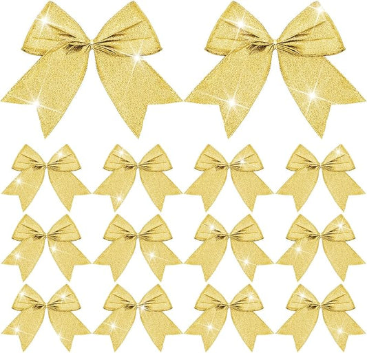 Cindeer 24 Pcs Gold Christmas Bow Decorations 6 x 6 Inches, Glitter Holiday Ornaments Sequin Ties Bows for Xmas Tree, Wreath, DIY Crafts, Gift Wrapping, Party Decor