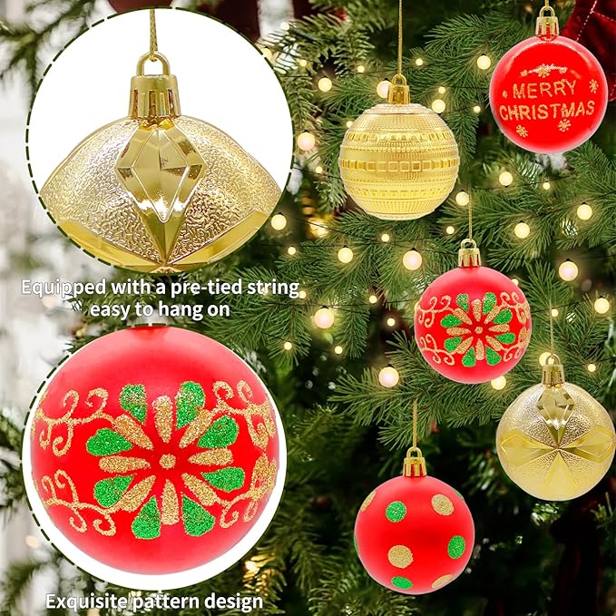 40PCS 2.36" Christmas Balls Ornaments, Plastic Christmas Tree Ornaments, Holiday Baubles, Hanging Decorations for Xmas Trees Holiday Party, Gold Red Baubles