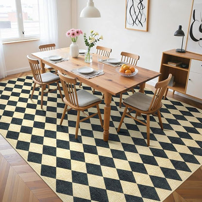 LIVEBOX Washable 8x10 Diamond Rugs for Living Room, Non-Slip Checkered Rug Soft Modern Neutral Geometric Plaid Area Rug for Bedroom, Large Farmhouse Carpet for Office Kids Room Classroom Dorm, Black