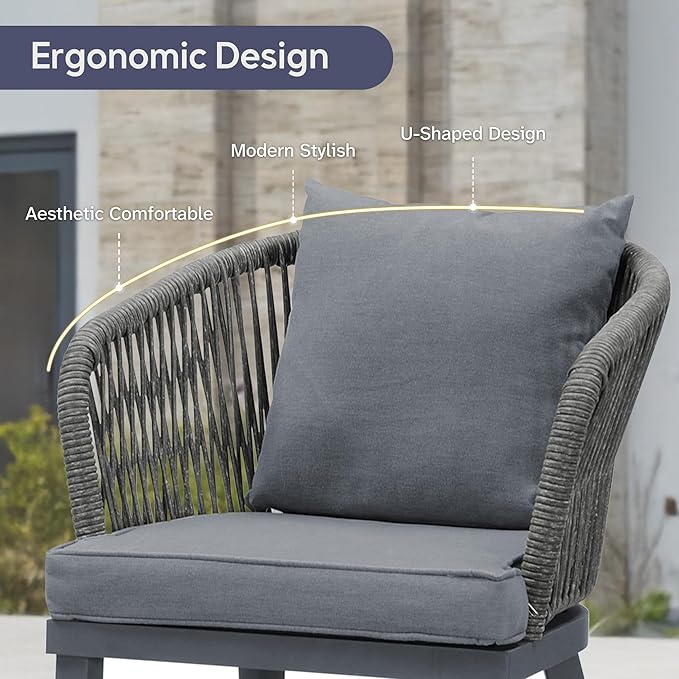 PURPLE LEAF 5 Pieces Patio Dining Table Set Wicker Outdoor Furniture Rectangular Table and Chairs Set for Garden Deck Aluminum Frame Backyard Kitchen Set, Cushions and Pillows Included Grey