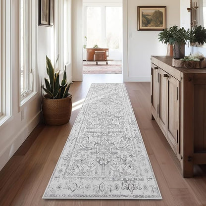 jinchan Vintage Floral Washable Runner Rug 2x10 Non-Slip Low Pile Carpet, Grey