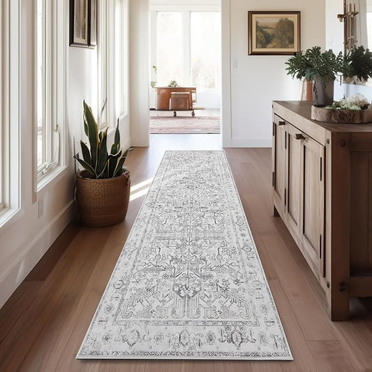 jinchan Vintage Floral Washable Runner Rug 2x10 Non-Slip Low Pile Carpet, Grey
