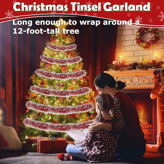Lush Christmas Tinsel Garland, Red & White Radiant Metallic Twist Streamers for Holiday Decor, Plush & Full Xmas Tree Garland for an Elegant Festive Atmosphere, Indoor & Outdoor Party Supplies