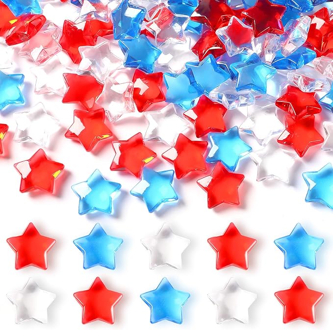 120 Pcs Patriotic Acrylic Star Translucent Crystals Gems Independence Day Memorial Day Veterans Day Remembrance Day 3D Star Shaped Gems for Vase Filler Ice Rocks,Table Scatter, Party Wedding
