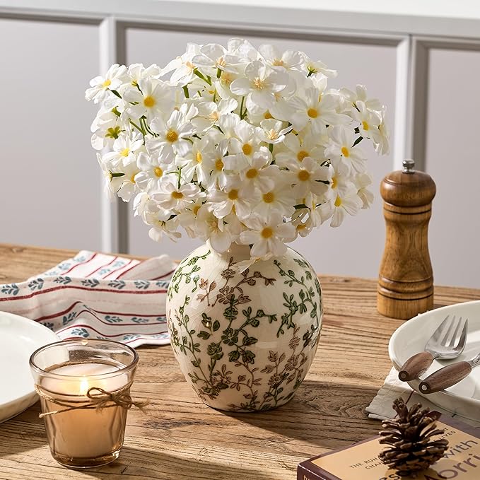 SIDUCAL Ceramic Green and Beige Antique Vase, 5.83 Inch Retro Ice Cracked Chinoiserie Floral Vase, Rustic Farmhouse Vases for Home Decor, Bookshelf, Office, Garden, Chinoiserie Decor, Tuscan Decor