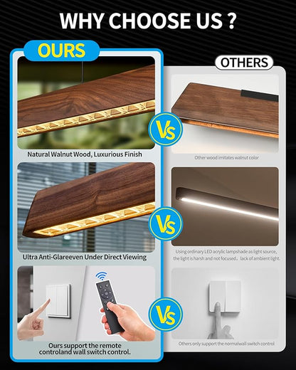 71" Wood Linear Pendant Light, Dimmable Kitchen Island Lighting with Remote, 30W LED Island Lights for Kitchen, Adjustable Linear Chandelier for Dinning Room Light Fixture, Bar, Pool Table - Walnut