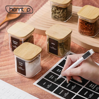 10Pcs 7oz Spice Jars Glass Container with 275 Labels, Airtight Seasoning Empty Organizer with Bamboo Lid Set for Pepper, Salt, Sugar