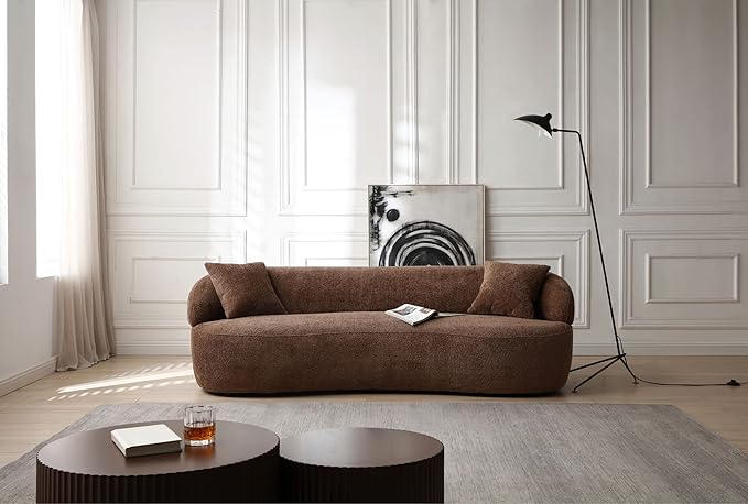 KEIKI 87" Curved Oversized Boucle Cloud Sofa with Thickened Seat Cushions and Backrest, Modern 3-Seater Upholstered Corner Fluffy Couch, No Assembly Required, for Apartment, Living Room, Dark Brown