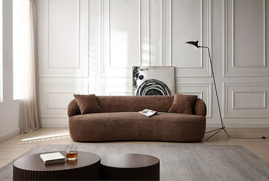 KEIKI 87" Curved Oversized Boucle Cloud Sofa with Thickened Seat Cushions and Backrest, Modern 3-Seater Upholstered Corner Fluffy Couch, No Assembly Required, for Apartment, Living Room, Dark Brown