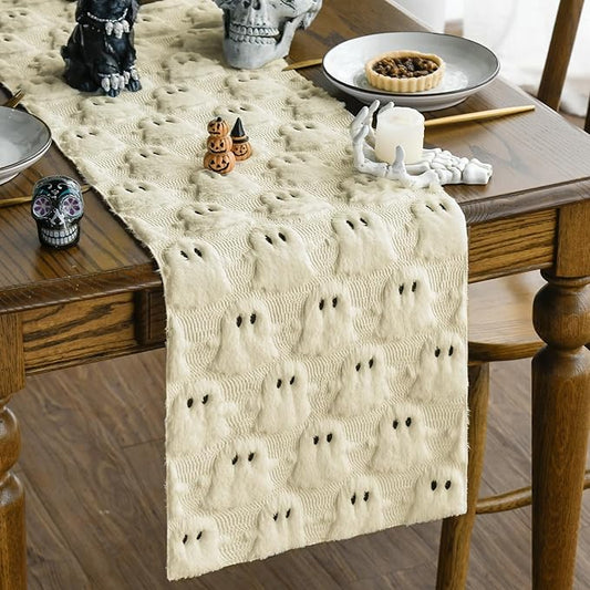 Artoid Mode Beige Ghost Soft Plush Faux Fur Jacquard Halloween Table Runner, Holiday Kitchen Dining Table Decoration for Home Party Decor 13x90 Inch