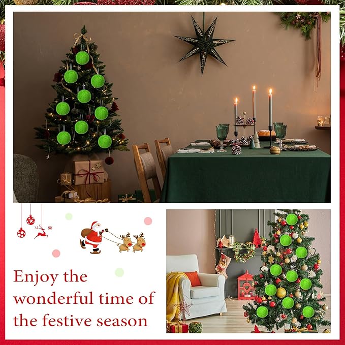 12Pcs Furry Christmas Ball Ornament for Xmas Tree Lime Green Soft Faux Fur Pom Pom Ball Ornaments Christmas Tree Hanging Decorations for Winter Party Home Decor Costume Supplies