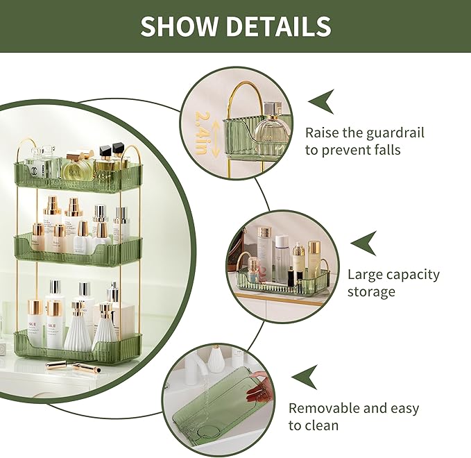 3 Tier Bathroom Organizer Countertop Makeup Perfume Skincare Organizer for Bathroom Dresser Vanity (Green)