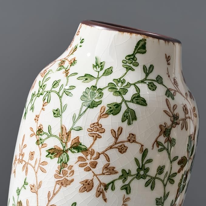 SIDUCAL Ceramic Green and Beige Antique Vase, 7 Inch Retro Ice Cracked Chinoiserie Floral Vase, Rustic Farmhouse Vases for Home Decor, Bookshelf, Office, Garden, Chinoiserie Decor, Tuscan Decor