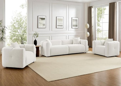 VANOMi Living Room Furniture Sets Include 95" Sofa & 42" Arm  chairs, Boucle Upholstered Oversized Couch with Pillows, Living Room Furniture Set for Bedroom Apartment (White, 1 Sofa+2 Chairs)