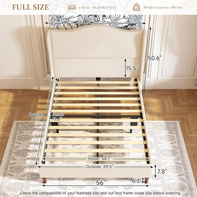 Full Size Bed Frame Upholstered Platform Bed with 51" Tall Headboard Wingback, Soft Fabric, Retro Simple Style Platform Bed No Box Spring Needed, Easy Assembly, Beige